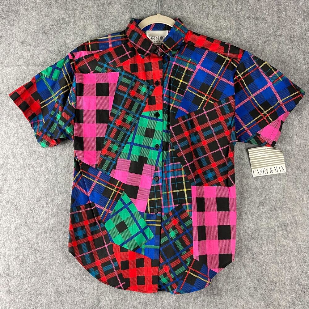 Vintage Casey Max Top Womens Small Plaid Button Up Short Sleeve‎ Retro 80s NEW